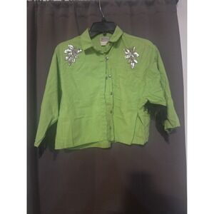 Prezzia Green Floral Sequin Jacket, Women's Medium, Beaded Fringe Cropped Jacket